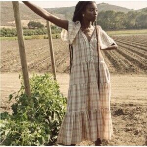 The Great The Iris Dress Washed Rose Plaid Flutter Sleeves Prairie Cottage Flowy